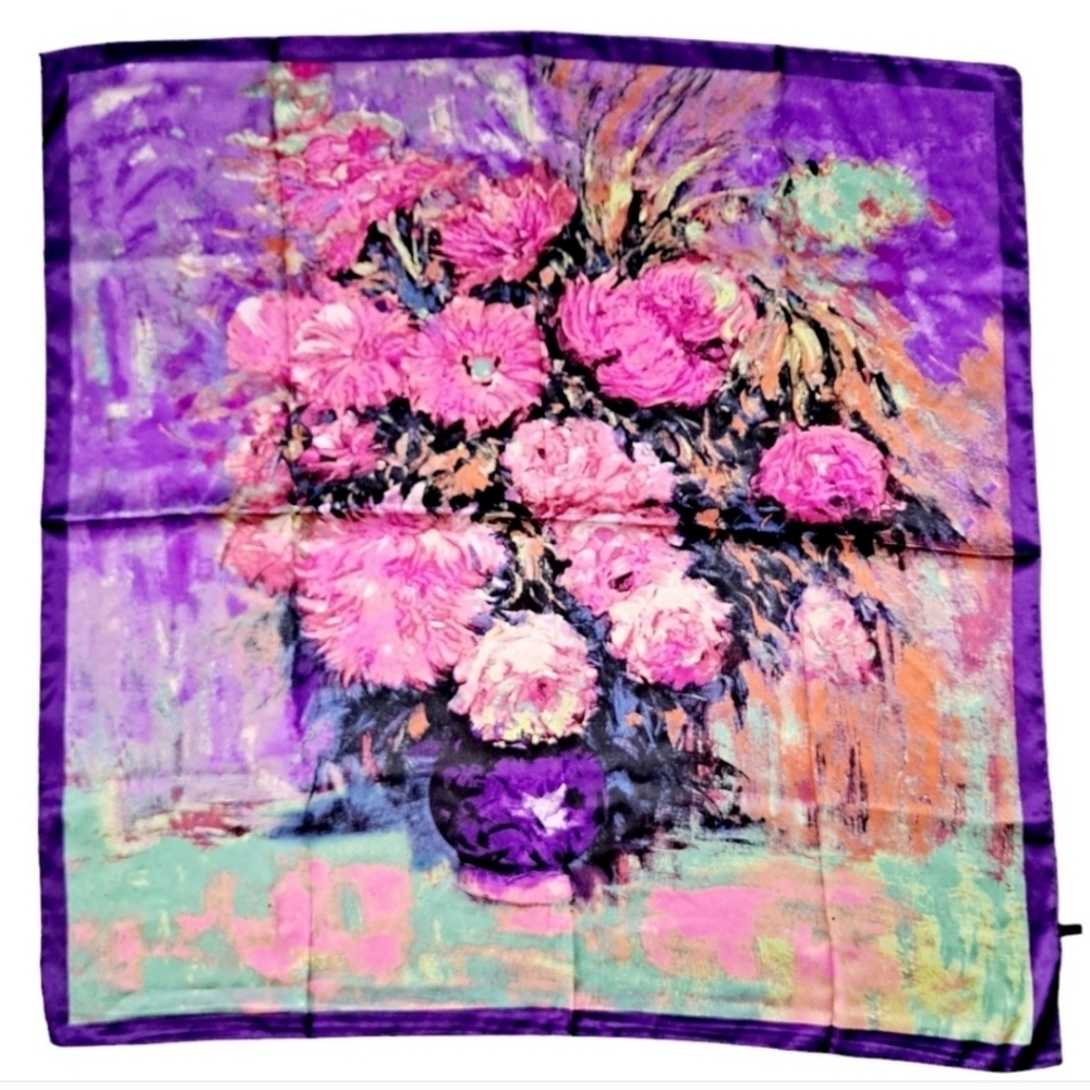 Square Satin Floral Print Neck Scarf Boho oversized oil painting 💖2/$30